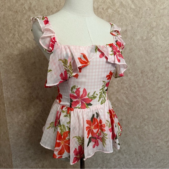 Guess Pink Gingham Floral Daydream Chiffon Cold Shoulder Peplum Top - Picture 2 of 12